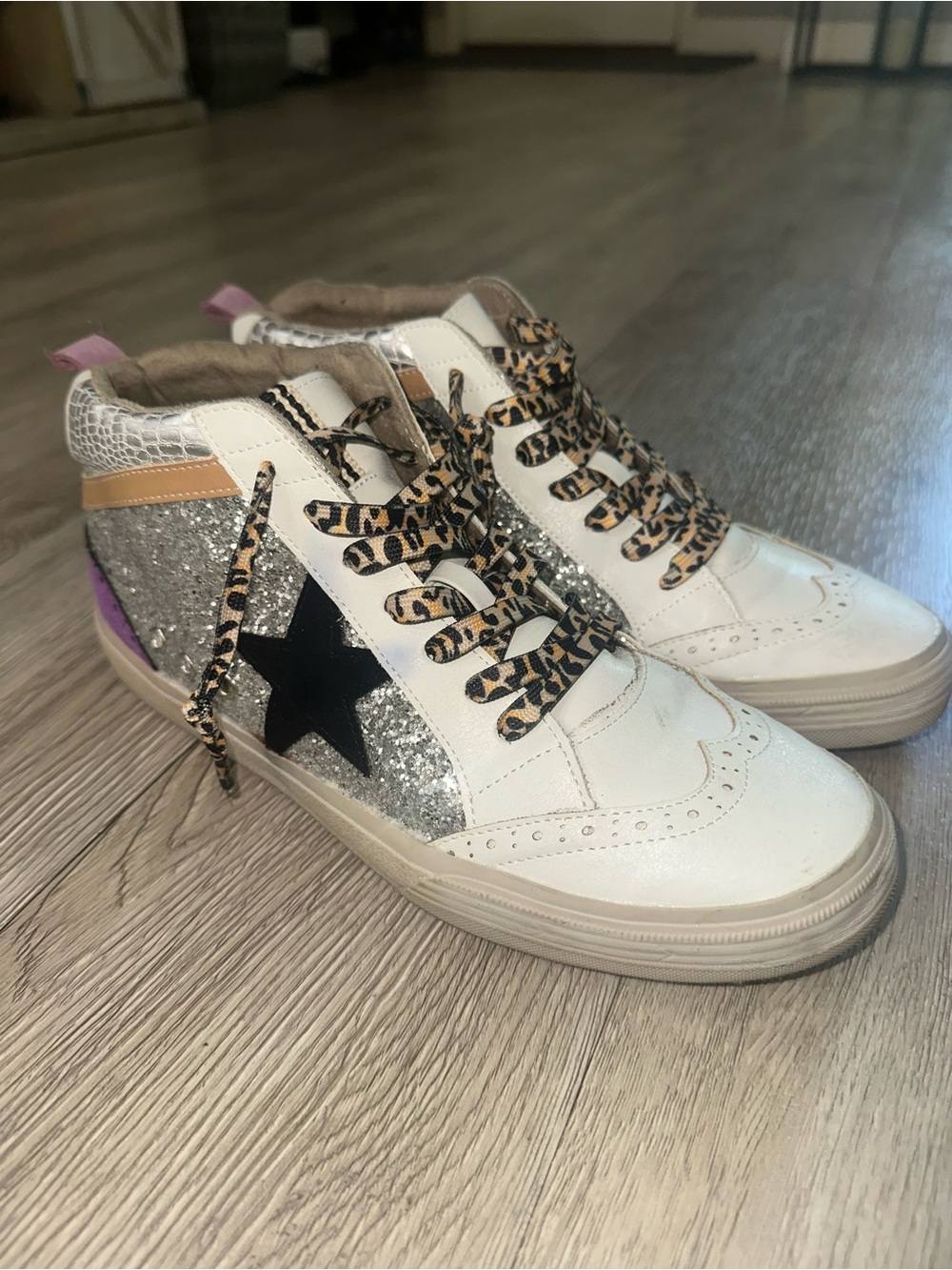 Shu Shop Rina Hi Top Sneakers Black Star Leopard Glitter Shoes Sz 8.5